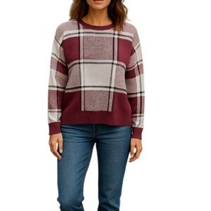 Saks‎ Fifth Avenue Maroon Gray Plaid Pullover Sweater Large Knit Rayon Blend
